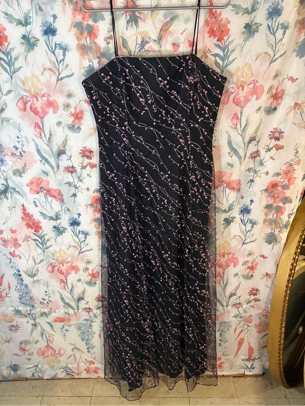 Papell Boutique Black Gown with Pink Vine Print